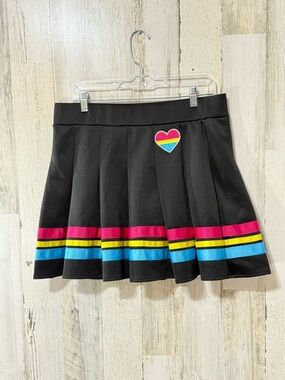 Spencer's Black Body Rage Pleated Mini Skirt with Pink, Yellow & Blue Stripes